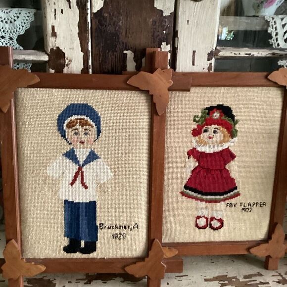 Vintage Needlepoint Sailor Boy Brockner and Girl Fay Flapper Custom Oak Frames - Picture 9 of 9